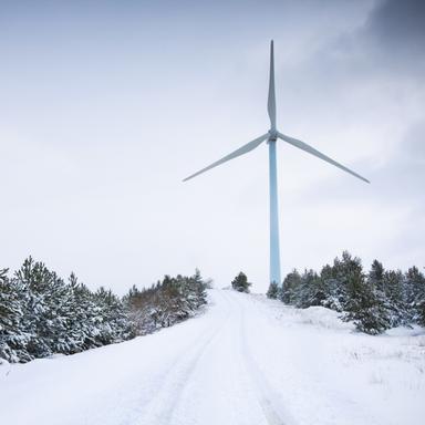 Snow-covered path to a wind turbine