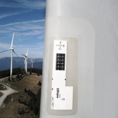 eologix Sensor für Eisdetektion bei Windkraftanlagen montiert am Windrad
